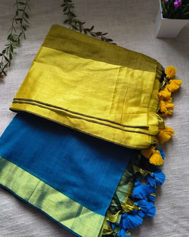 Pure Cotton Handloom Saree with Golden Border - Golden Olive