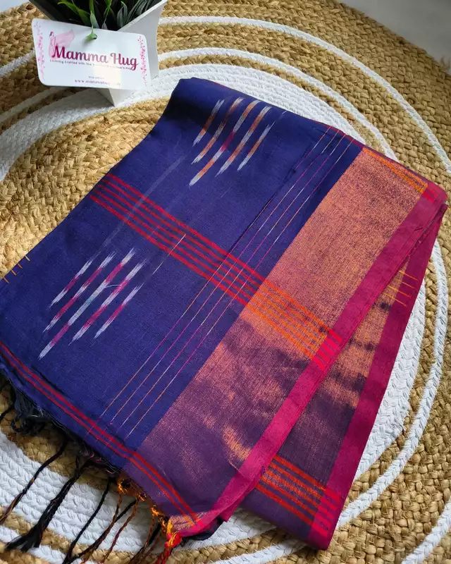 Pure Cotton Handloom Saree with Ikkat Design - Dark Purple
