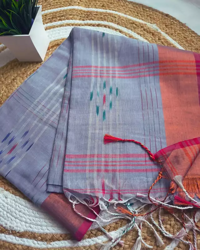 Pure Cotton Handloom Saree with Ikkat Design - Bluish Grey