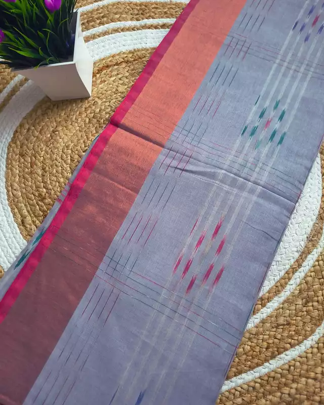 Pure Cotton Handloom Saree with Ikkat Design - Bluish Grey