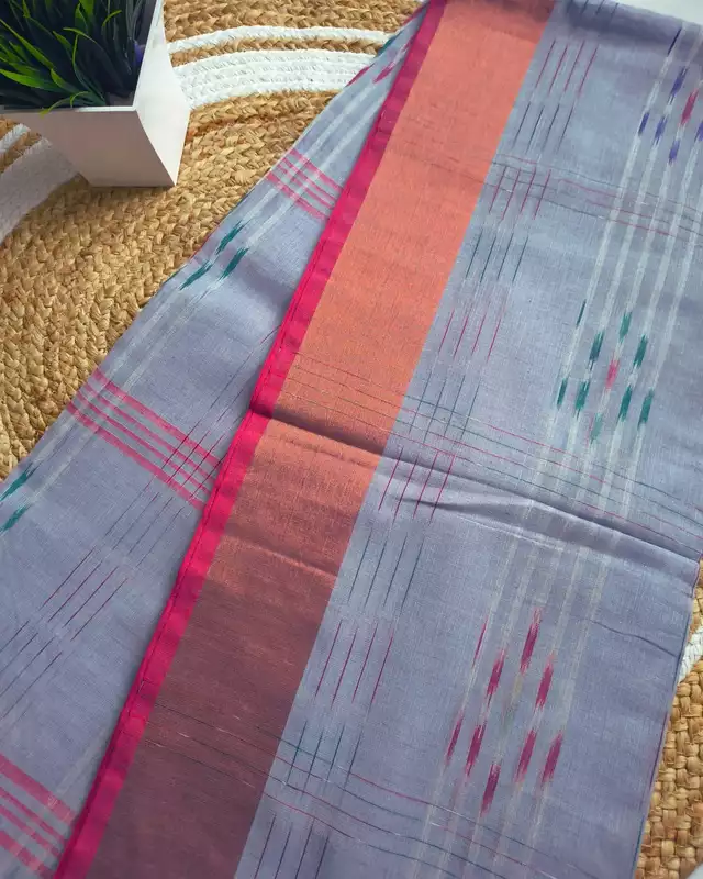 Pure Cotton Handloom Saree with Ikkat Design - Bluish Grey