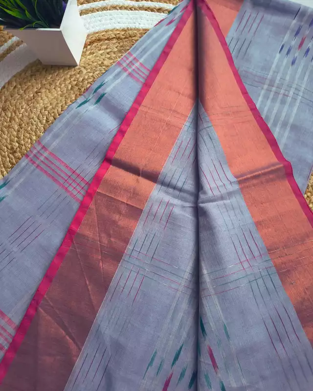 Pure Cotton Handloom Saree with Ikkat Design - Bluish Grey