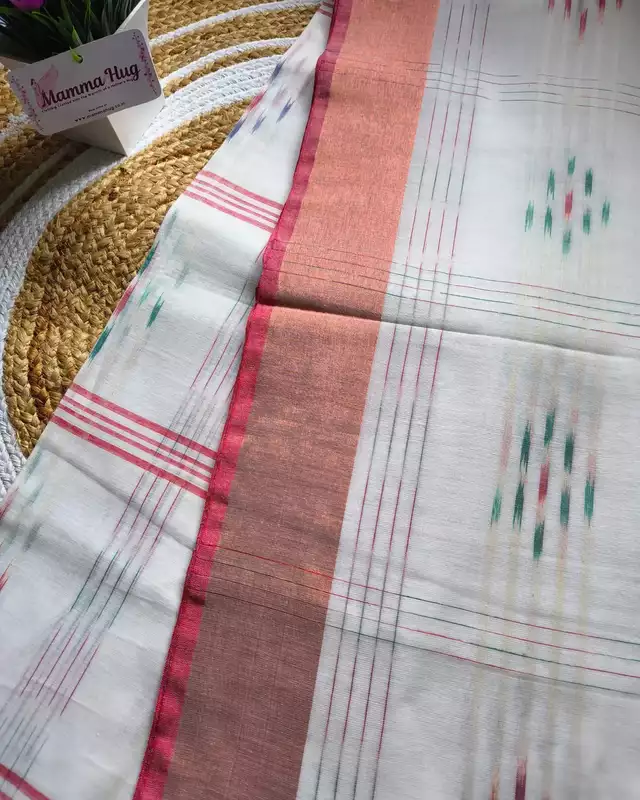 Pure Cotton Handloom Saree with Ikkat Design - White