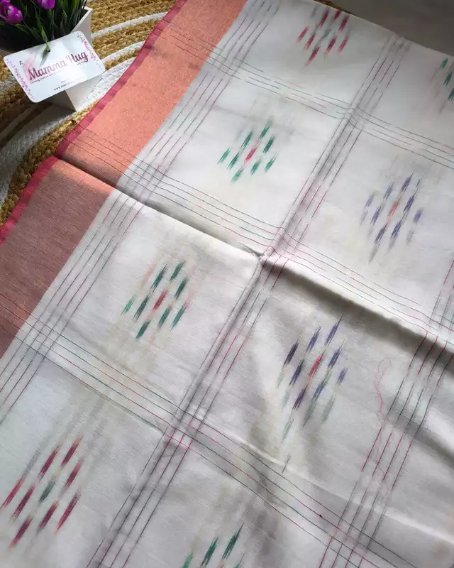 Pure Cotton Handloom Saree with Ikkat Design - White