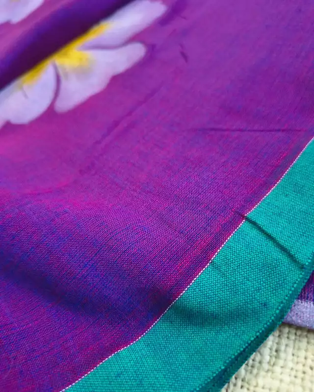 Soft Cotton Handloom Saree with Hand-Painted Floral Design - Dark Purple