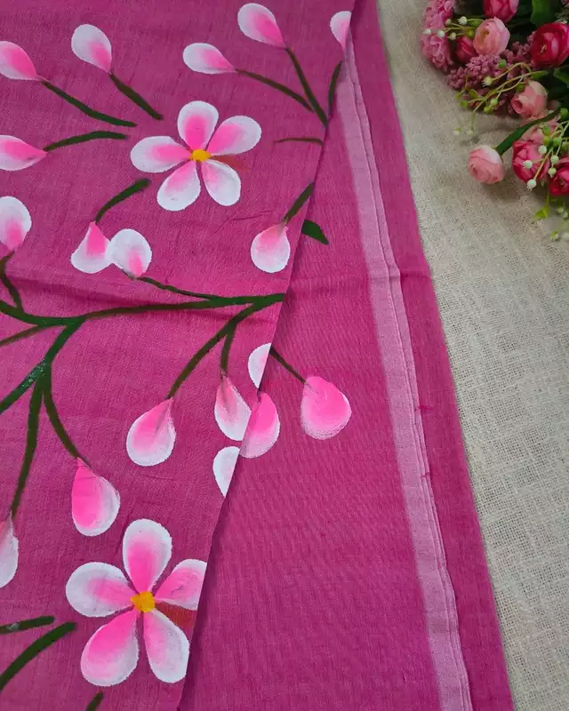Soft Cotton Handloom Saree with Hand-Painted Floral Design - Onion Pink