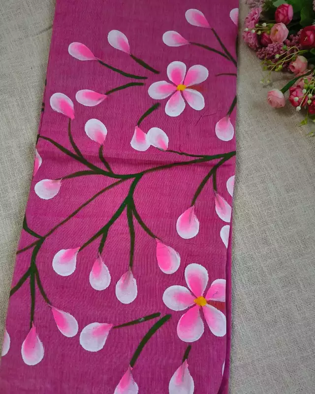 Soft Cotton Handloom Saree with Hand-Painted Floral Design - Onion Pink