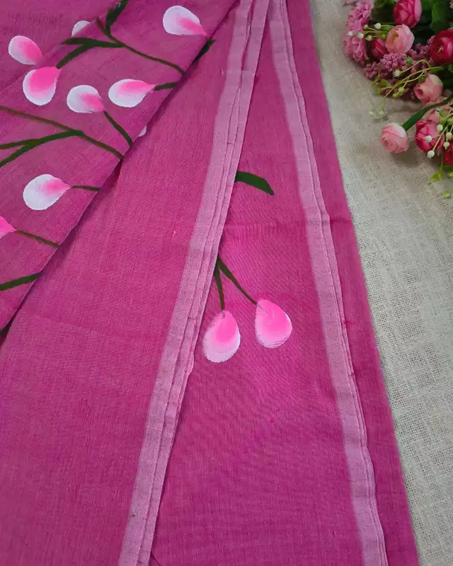 Soft Cotton Handloom Saree with Hand-Painted Floral Design - Onion Pink