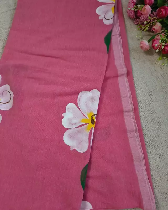 Soft Cotton Handloom Saree with Hand-Painted Floral Design - Pastel Pink