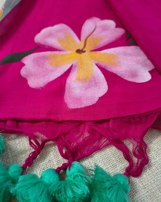 Soft Cotton Handloom Saree with Hand-Painted Floral Design - Rani Pink