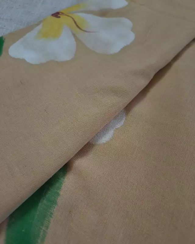 Soft Cotton Handloom Saree with Hand-Painted Floral Design - Sandal