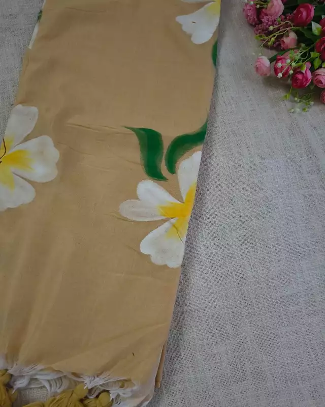 Soft Cotton Handloom Saree with Hand-Painted Floral Design - Sandal
