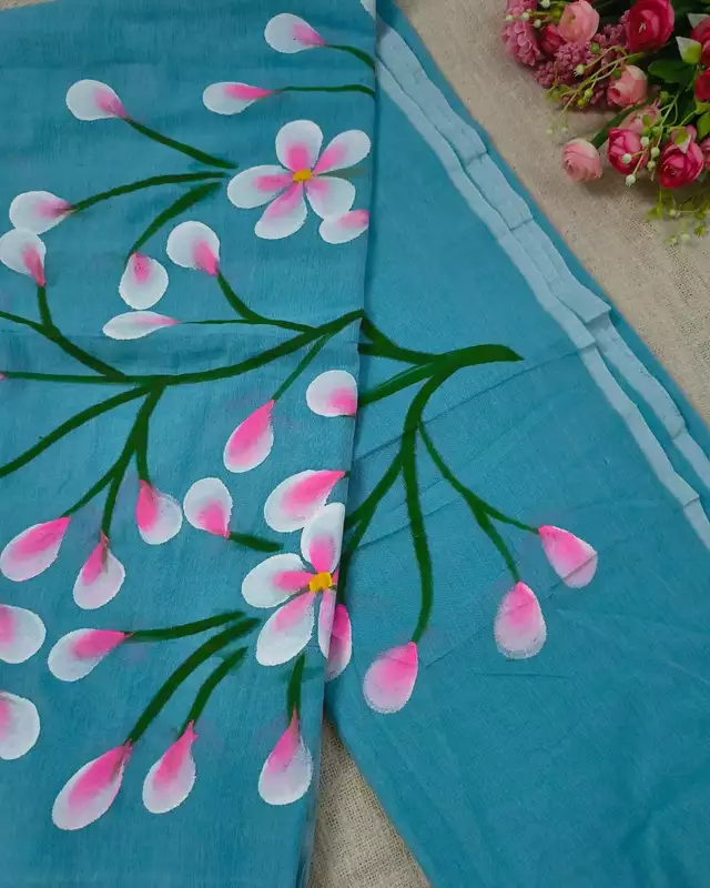 Soft Cotton Handloom Saree with Hand-Painted Floral Design - Sky Blue