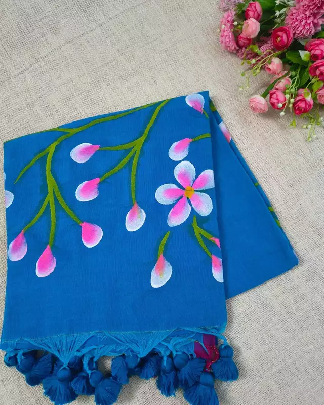 Soft Cotton Handloom Saree with Hand-Painted Floral Design - Vivid Blue