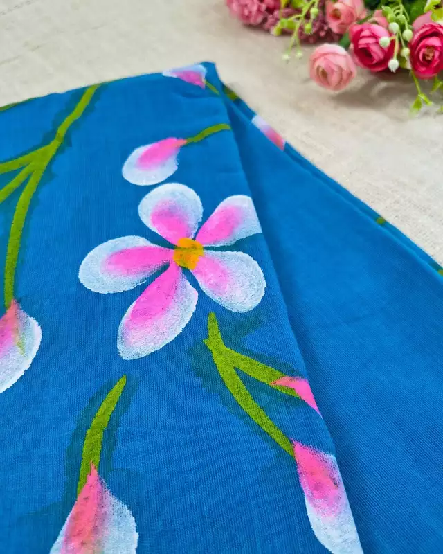 Soft Cotton Handloom Saree with Hand-Painted Floral Design - Vivid Blue