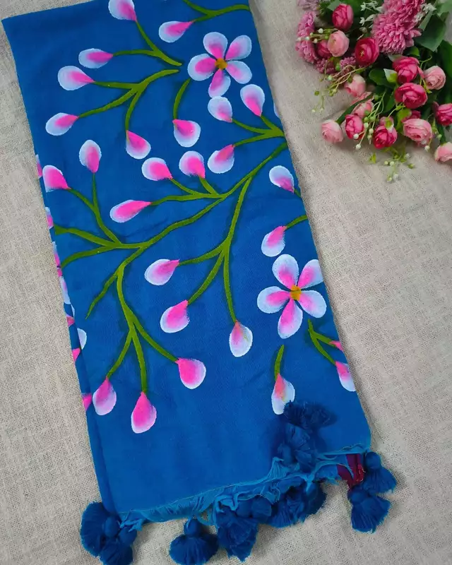 Soft Cotton Handloom Saree with Hand-Painted Floral Design - Vivid Blue