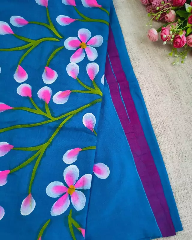 Soft Cotton Handloom Saree with Hand-Painted Floral Design - Vivid Blue