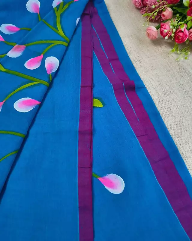 Soft Cotton Handloom Saree with Hand-Painted Floral Design - Vivid Blue