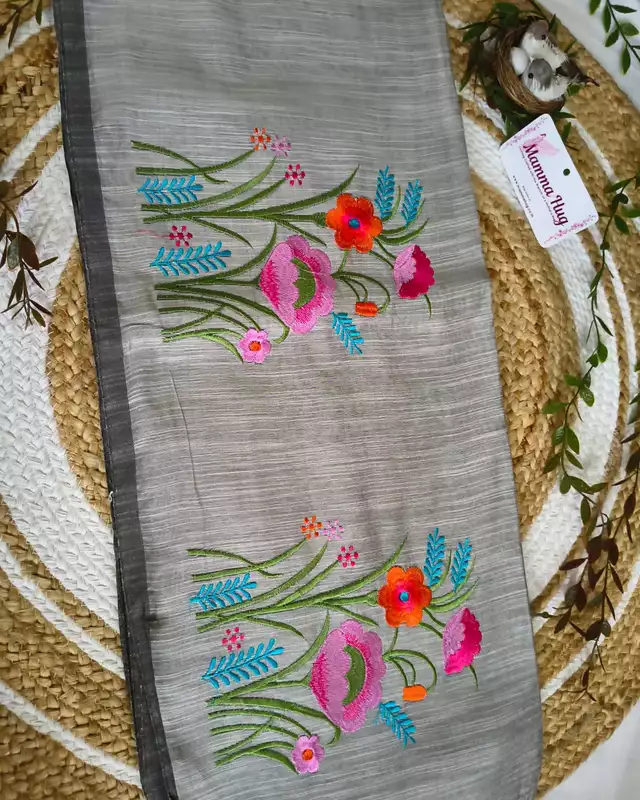 Floral Embroidery Handloom Saree - Slub Cotton - Grey