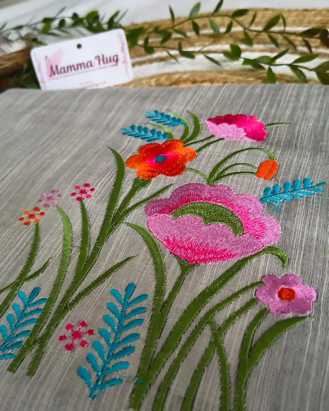Floral Embroidery Handloom Saree - Slub Cotton - Grey