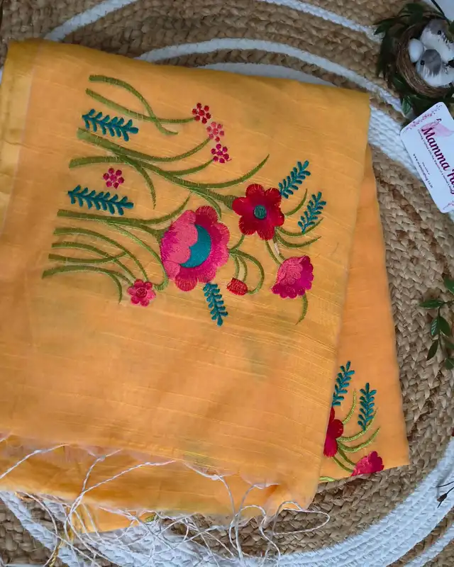 Floral Embroidery Handloom Saree - Slub Cotton - Marigold Mist