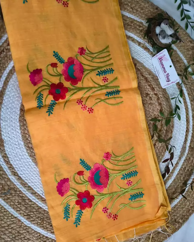 Floral Embroidery Handloom Saree - Slub Cotton - Marigold Mist
