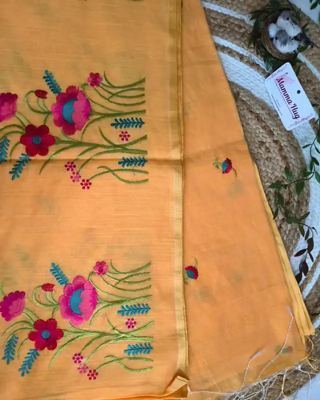 Floral Embroidery Handloom Saree - Slub Cotton - Marigold Mist