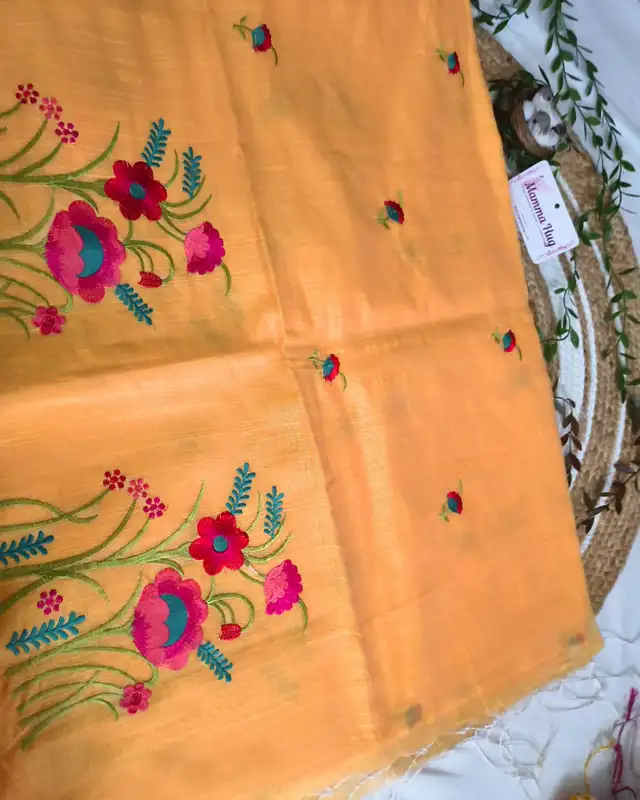 Floral Embroidery Handloom Saree - Slub Cotton - Marigold Mist