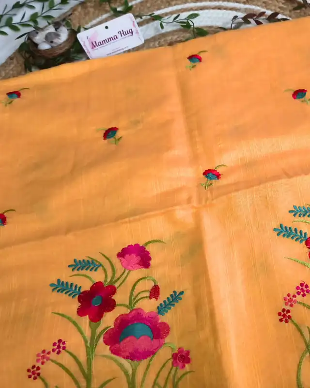 Floral Embroidery Handloom Saree - Slub Cotton - Marigold Mist