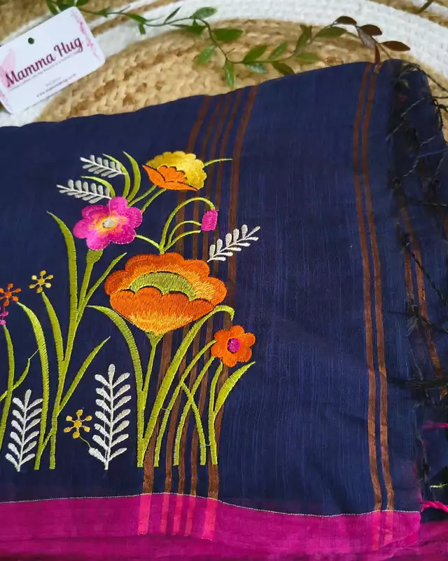 Floral Embroidery Handloom Saree - Slub Cotton - Navy Blue