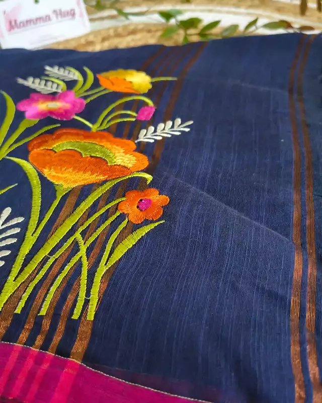 Floral Embroidery Handloom Saree - Slub Cotton - Navy Blue