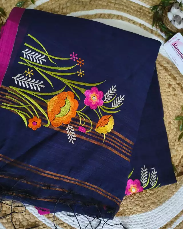 Floral Embroidery Handloom Saree - Slub Cotton - Navy Blue