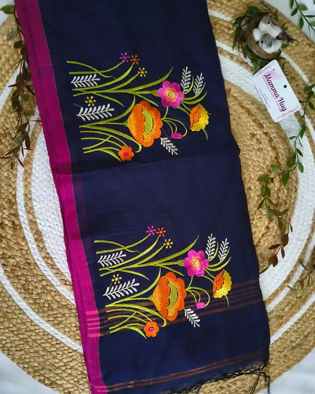 Floral Embroidery Handloom Saree - Slub Cotton - Navy Blue