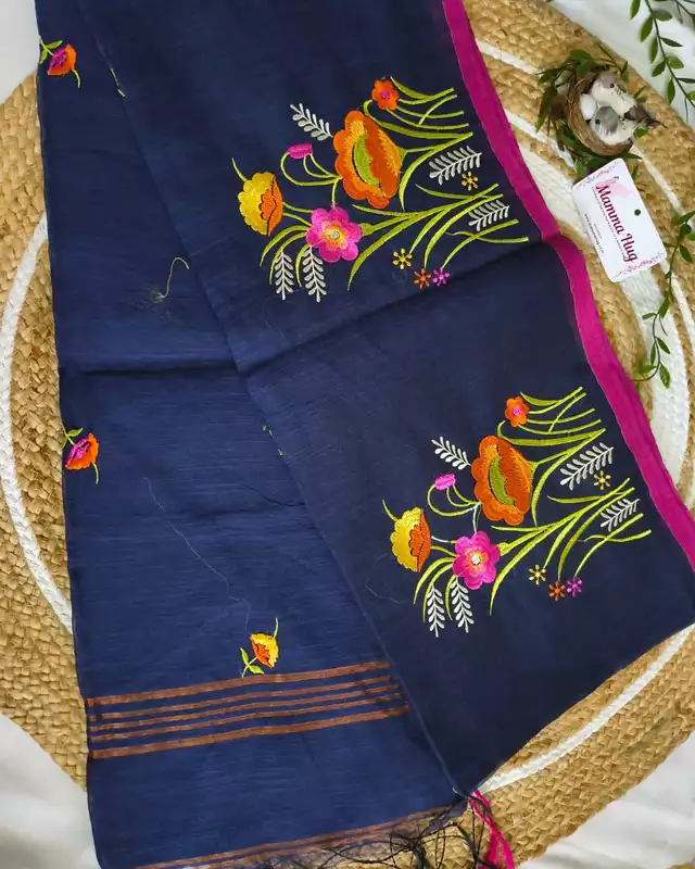 Floral Embroidery Handloom Saree - Slub Cotton - Navy Blue