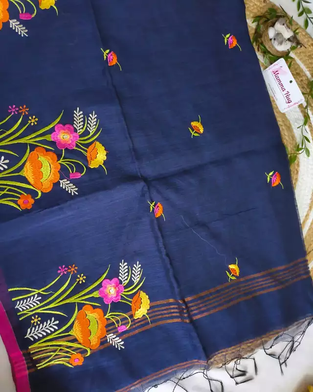 Floral Embroidery Handloom Saree - Slub Cotton - Navy Blue