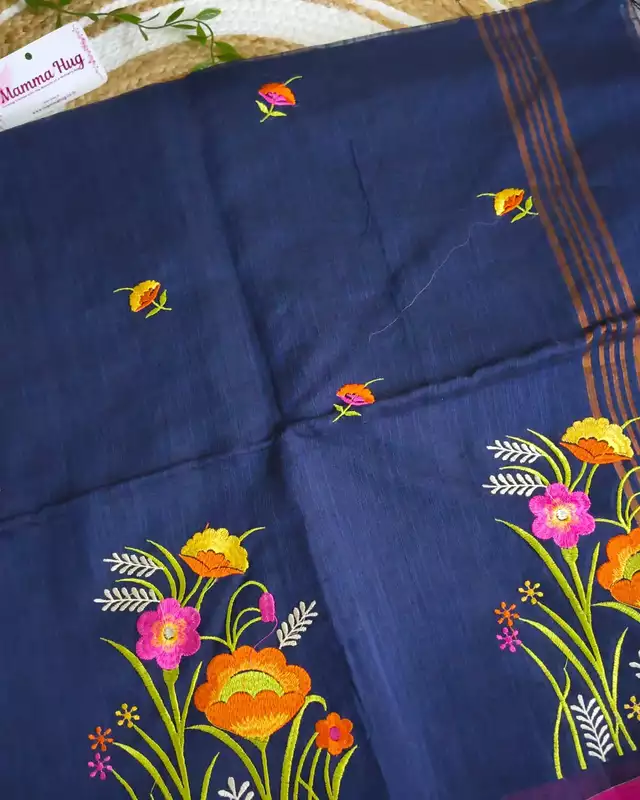 Floral Embroidery Handloom Saree - Slub Cotton - Navy Blue