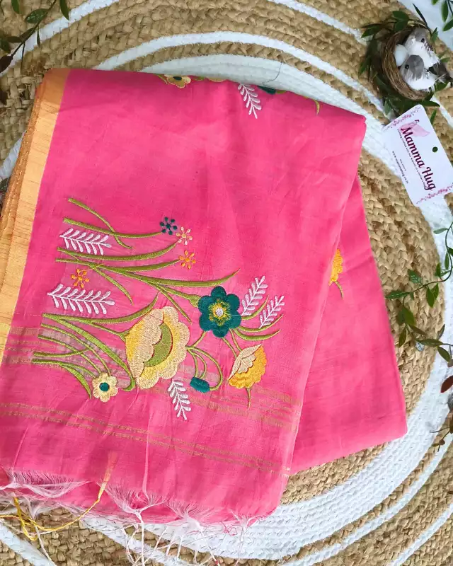 Floral Embroidery Handloom Saree - Slub Cotton - Peach Rose