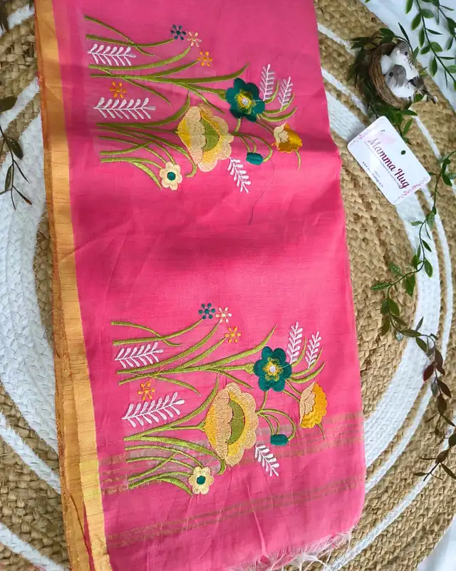 Floral Embroidery Handloom Saree - Slub Cotton - Peach Rose