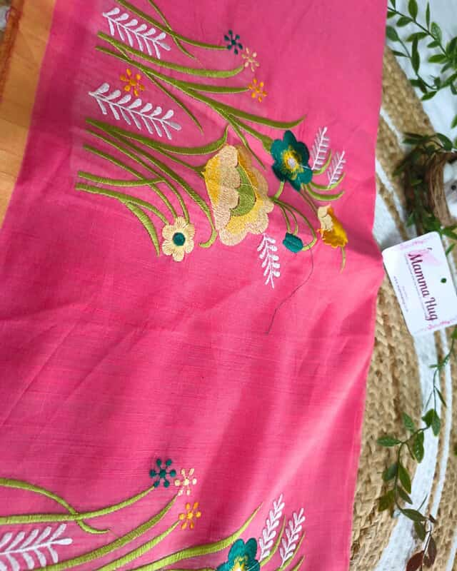 Floral Embroidery Handloom Saree - Slub Cotton - Peach Rose