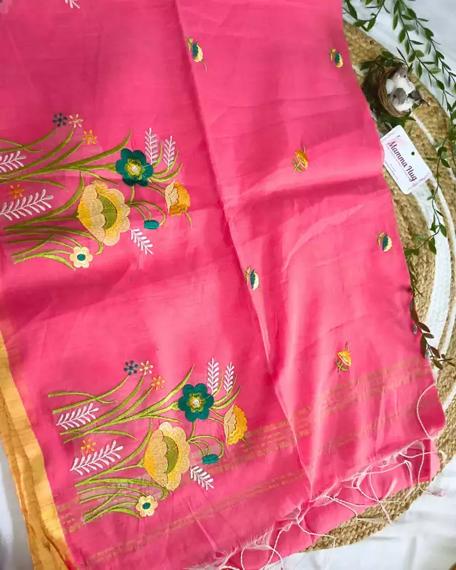Floral Embroidery Handloom Saree - Slub Cotton - Peach Rose