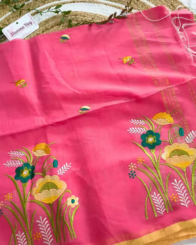 Floral Embroidery Handloom Saree - Slub Cotton - Peach Rose