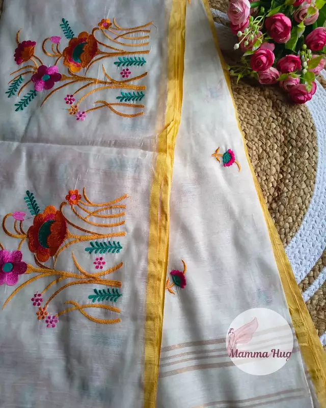 Floral Embroidery Handloom Saree - Slub Cotton - White & Orange
