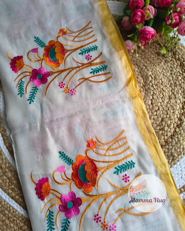 Floral Embroidery Handloom Saree - Slub Cotton - White & Orange