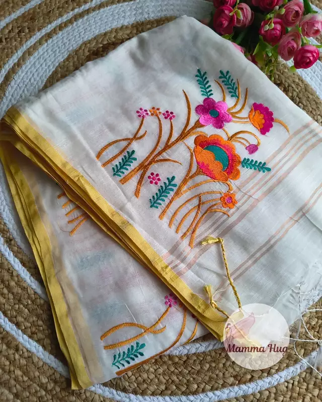 Floral Embroidery Handloom Saree - Slub Cotton - White & Orange