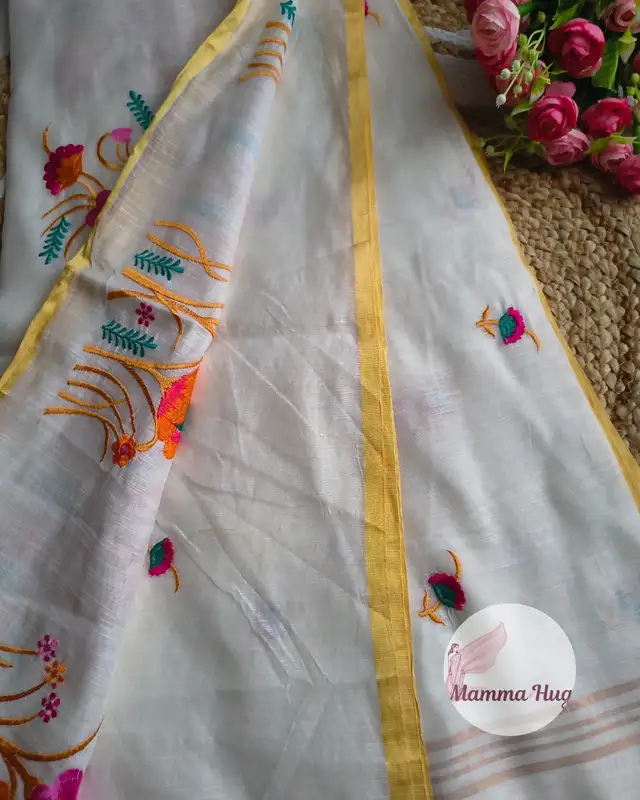 Floral Embroidery Handloom Saree - Slub Cotton - White & Orange