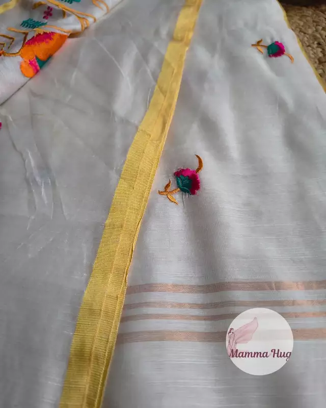 Floral Embroidery Handloom Saree - Slub Cotton - White & Orange