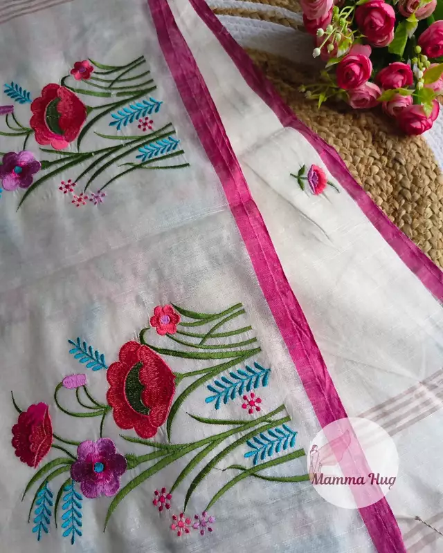 Floral Embroidery Handloom Saree - Slub Cotton - White & Pink