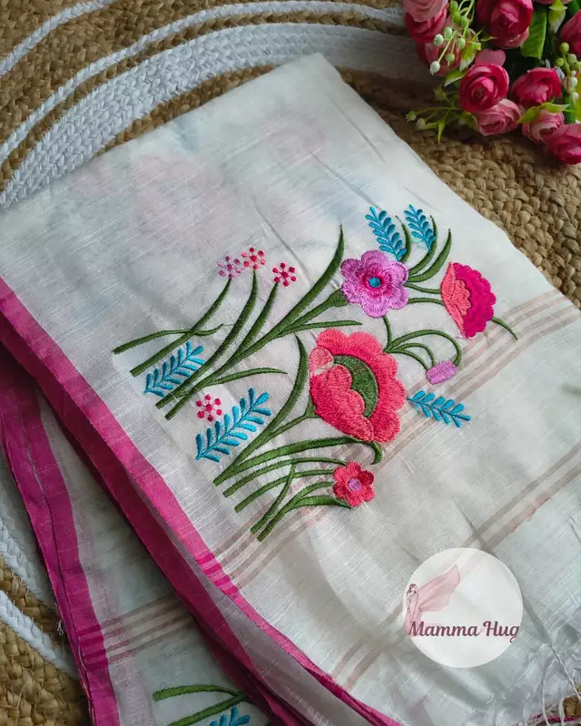 Floral Embroidery Handloom Saree - Slub Cotton - White & Pink