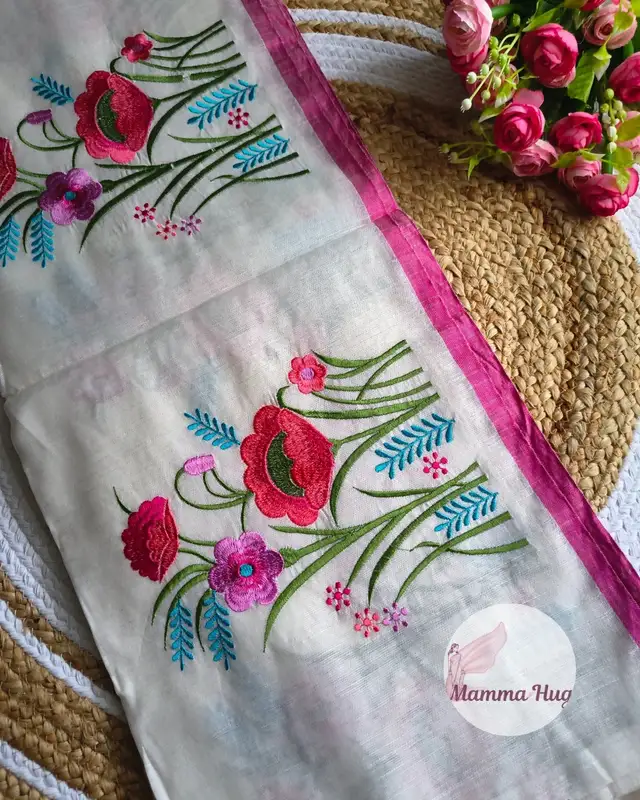 Floral Embroidery Handloom Saree - Slub Cotton - White & Pink