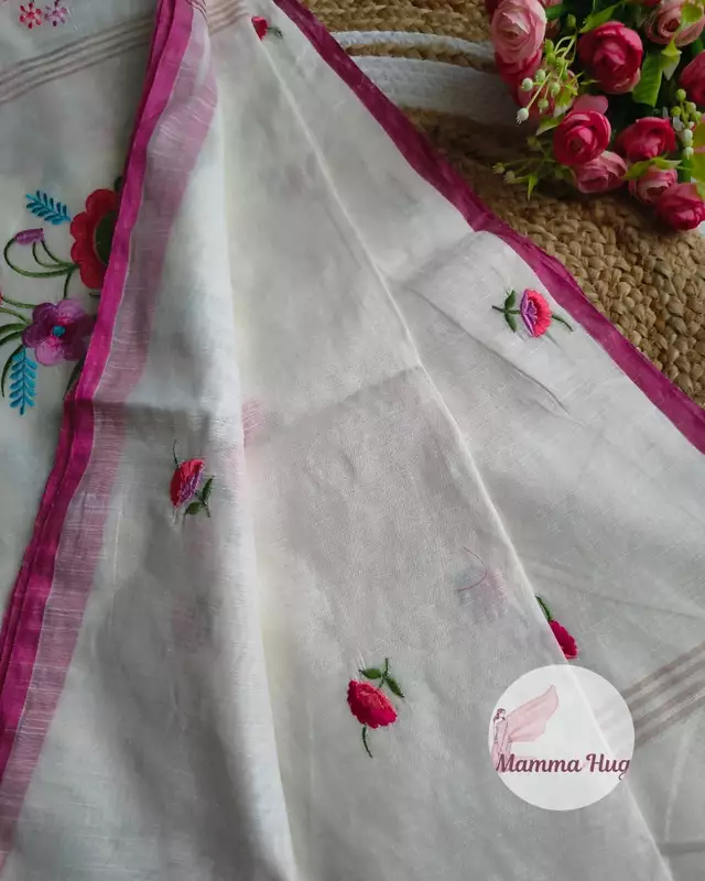 Floral Embroidery Handloom Saree - Slub Cotton - White & Pink